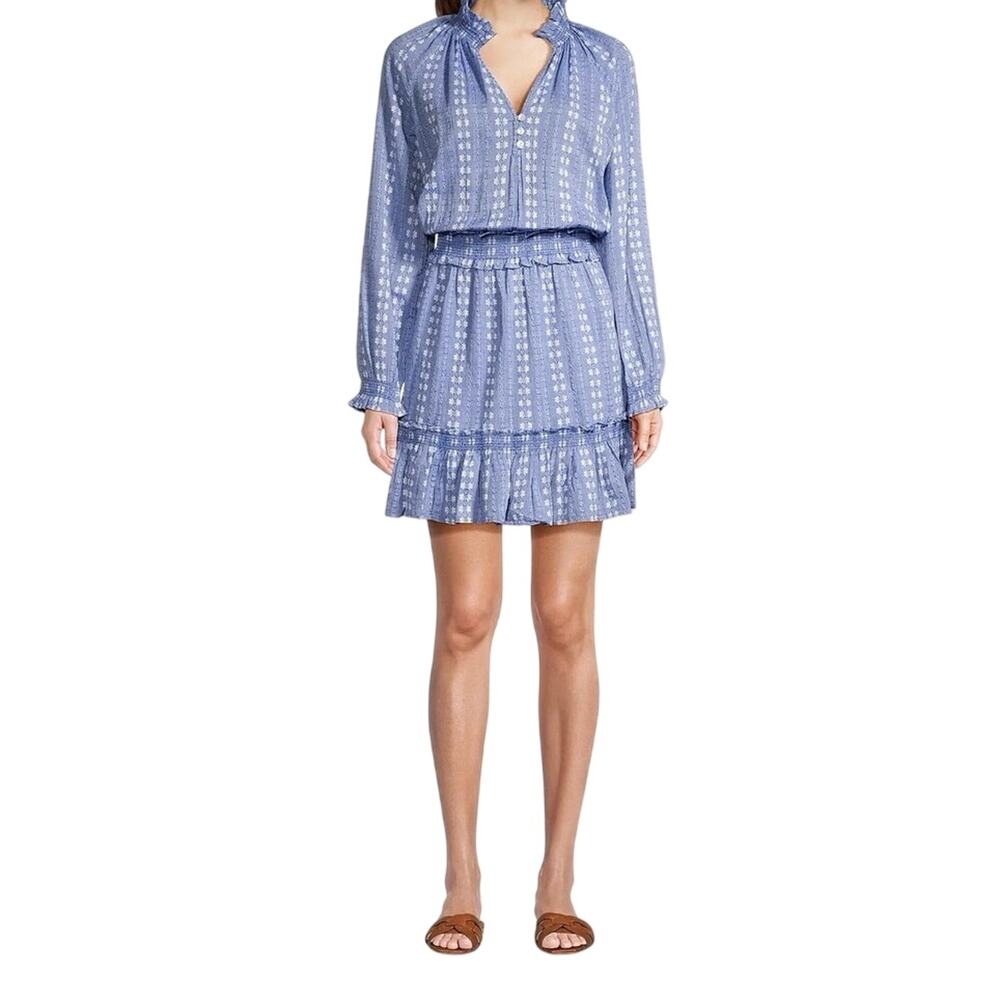 Veronica Beard Espie Cotton Smocked Embroidered Ruffle Mini Dress sz Large